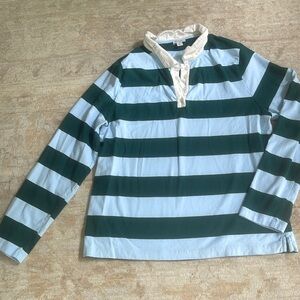 J.Crew traditional rugby in a sky, blue and green stripe. Size large.